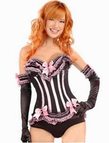 Black & Pink Lace Up Ruffle Corset with Bows